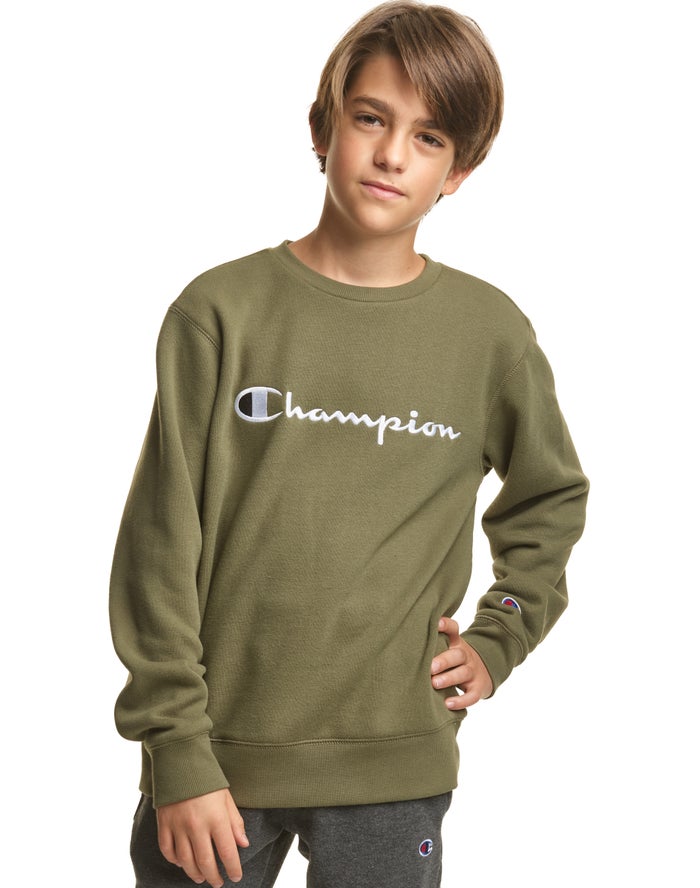 Champion Boys Sweatshirt NZ - Fleece Crew Embroidered Logo Olive ( 4753-YVNFT )